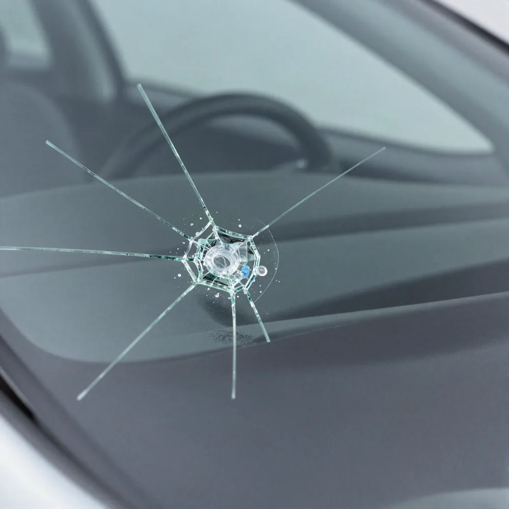 Impact damage in a laminated car windshield with crack legs radiating from the chip and the dashboard visible through the glass behind it