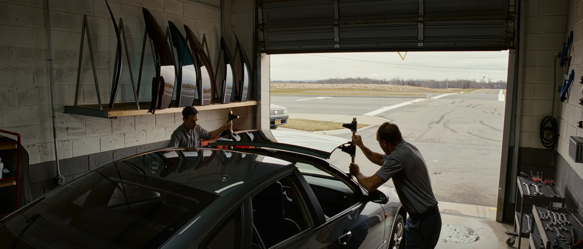 Two technicians lowering a new windshield onto a sedan in the Pro-Bond shop bay, a rack of upright windshields along the wall and the roller door open to the road