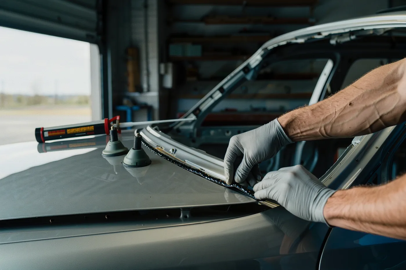 Gloved hands laying a continuous urethane bead along the pinchweld of a stripped windshield frame in the shop bay